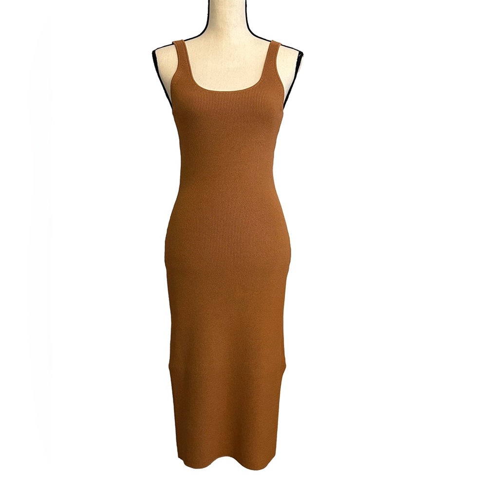 Leith Burnt Orange/Tan Ribbed Scoop Neck Midi Dress S